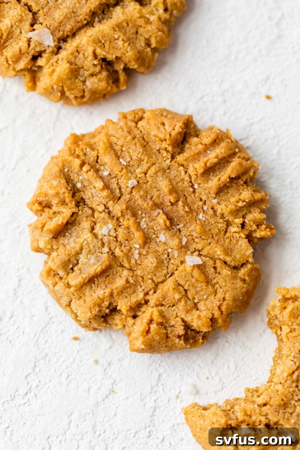 Peanut butter cookie sprinkled with sea salt, showcasing its perfect texture.
