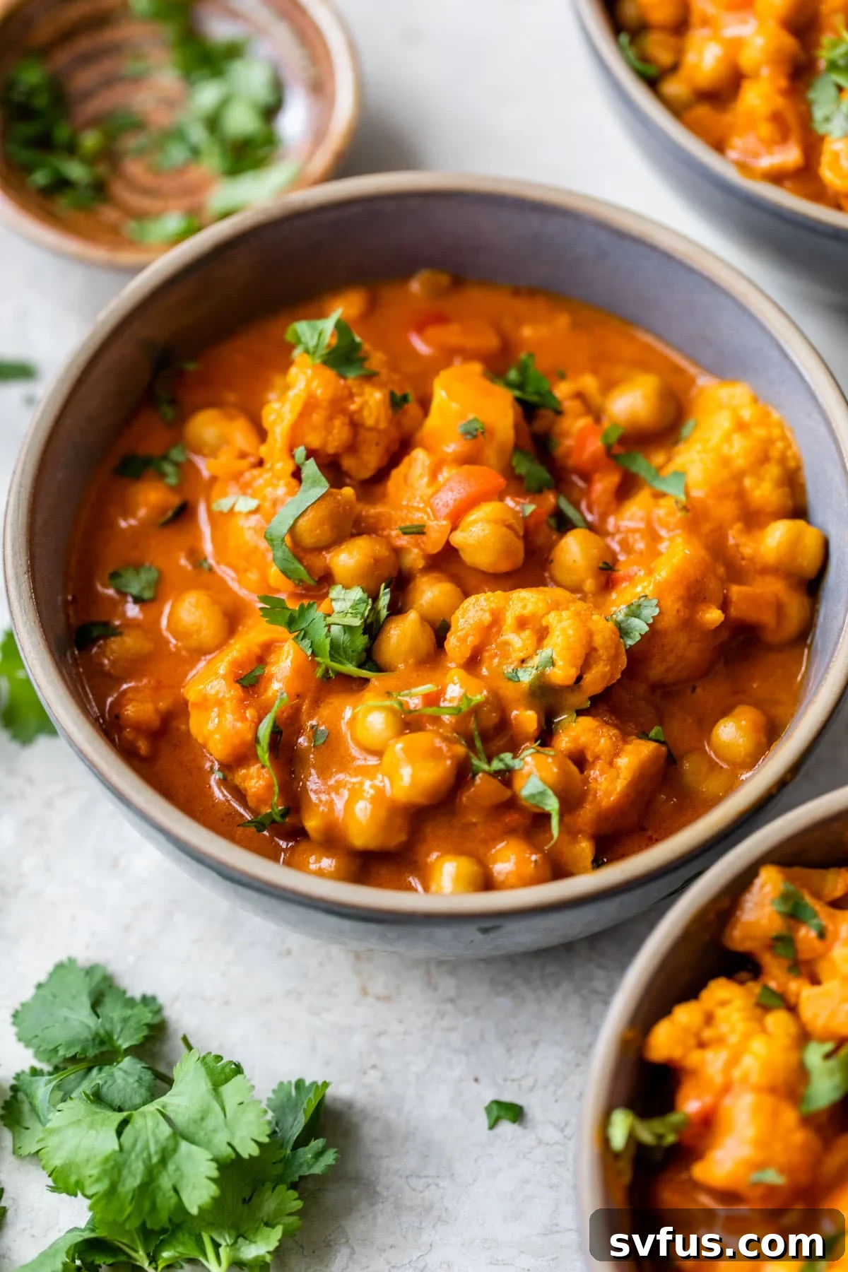 A vibrant bowl of creamy chickpea and cauliflower curry, garnished with fresh cilantro, ready to be enjoyed.