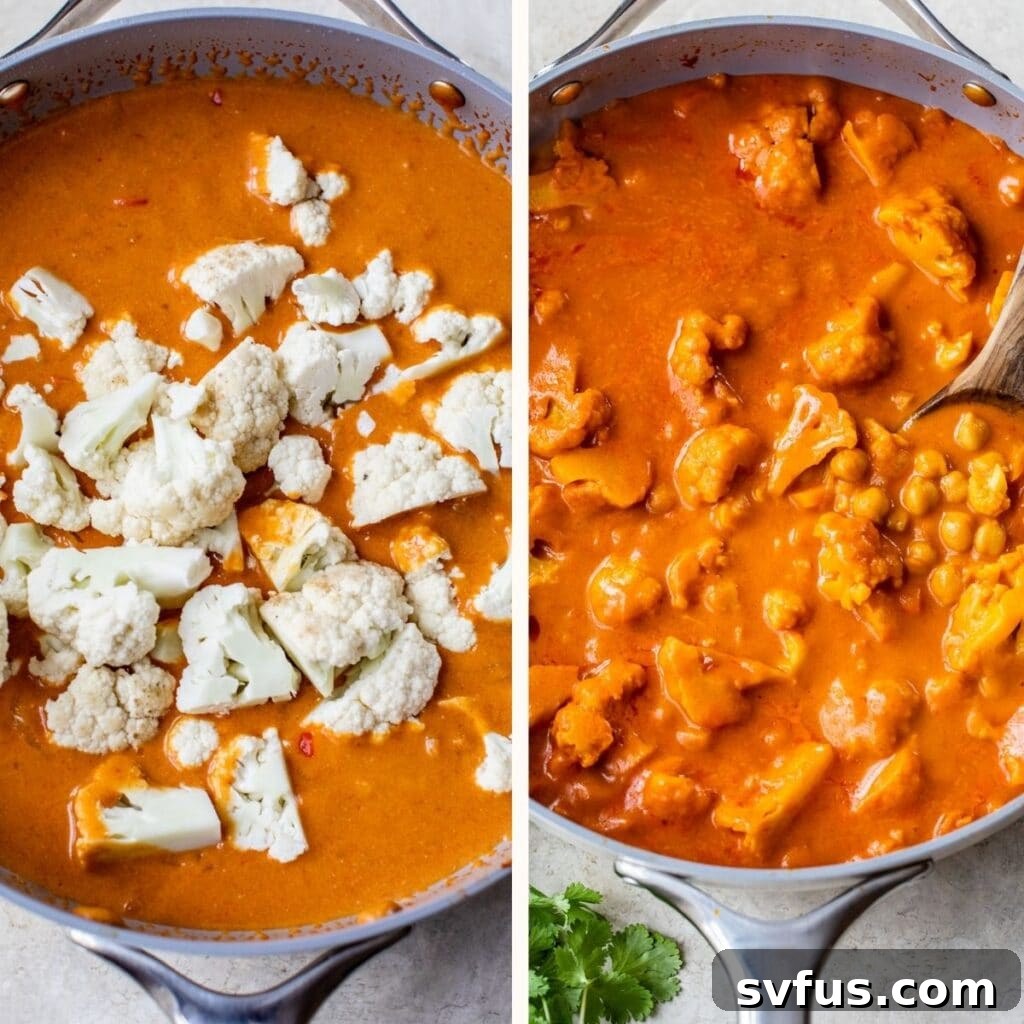 Two images side by side: left shows raw cauliflower florets submerged in curry sauce in a skillet, right shows tender, cooked cauliflower in a rich, simmered curry.