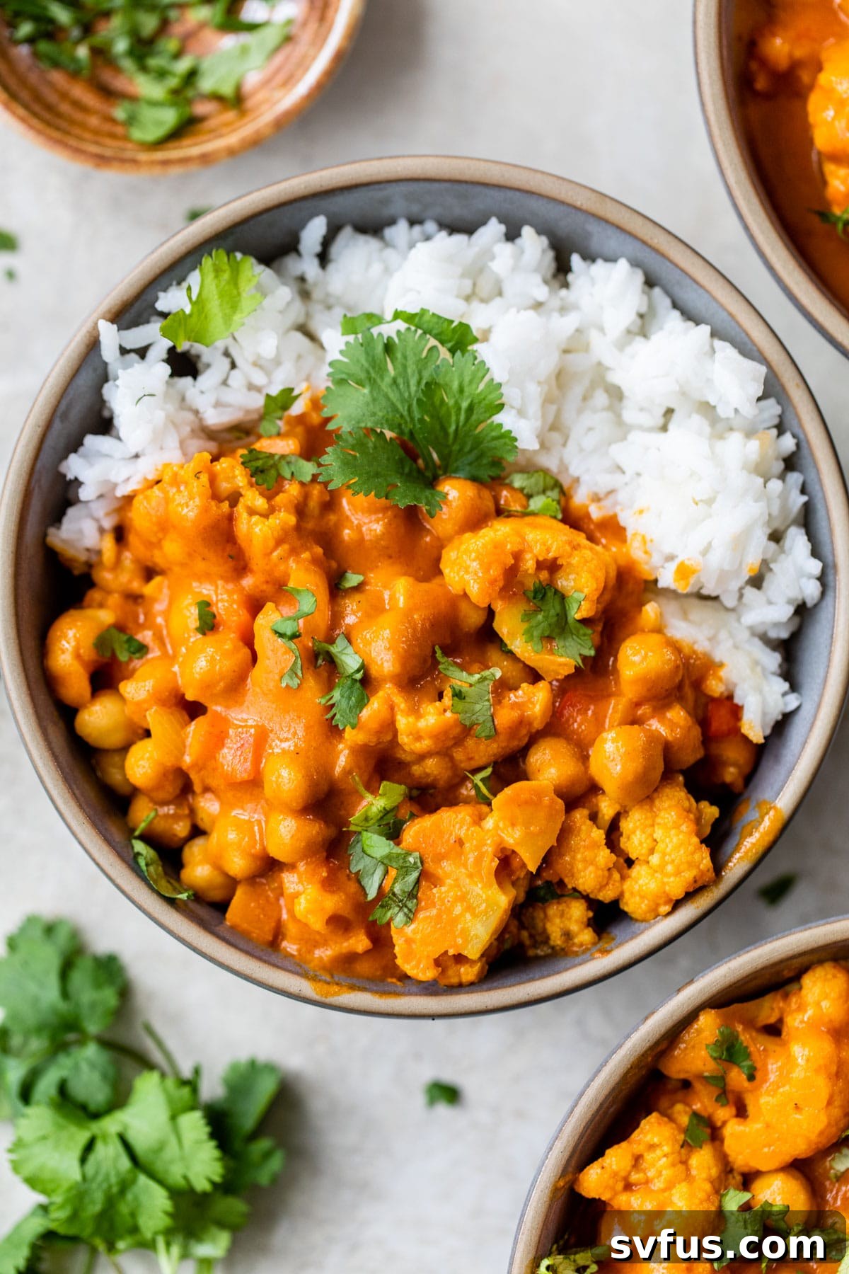 A beautifully presented bowl of white rice topped with generous portions of chickpea and cauliflower curry, garnished with fresh, vibrant cilantro.