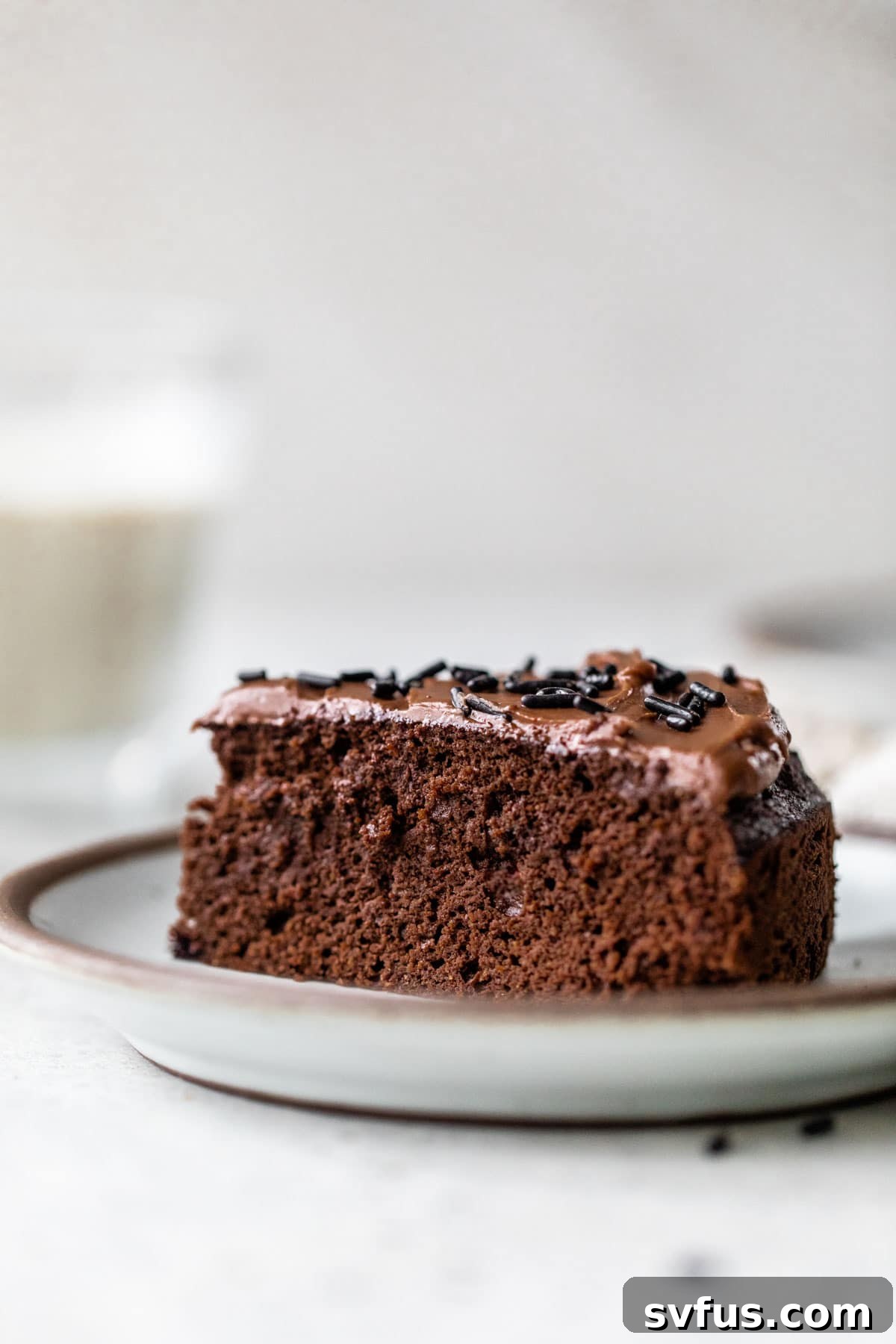 A beautifully presented slice of chocolate cake on a small white plate, showing the rich, dense crumb.