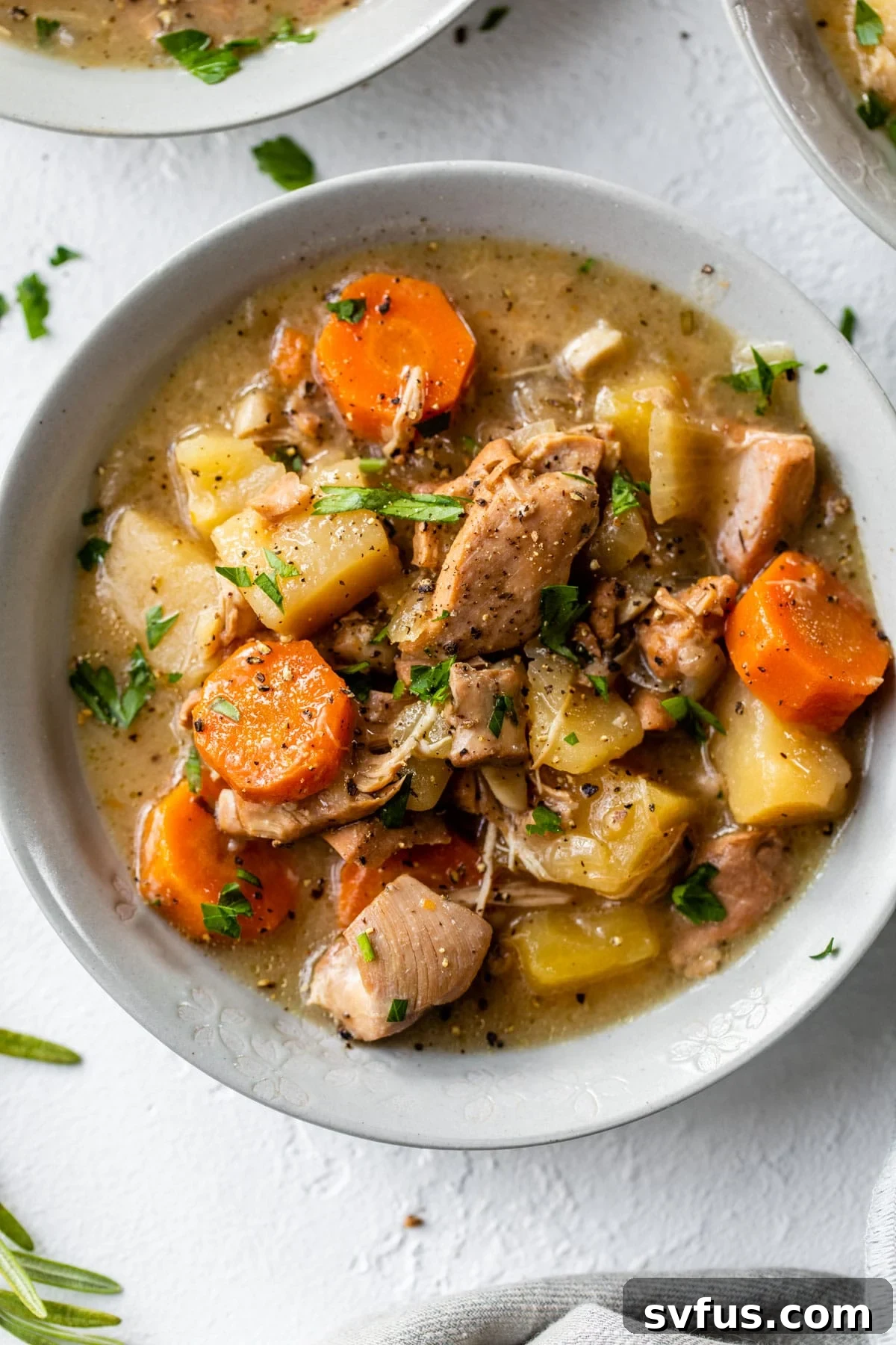 a bowl of stew with chicken, potatoes and carrots