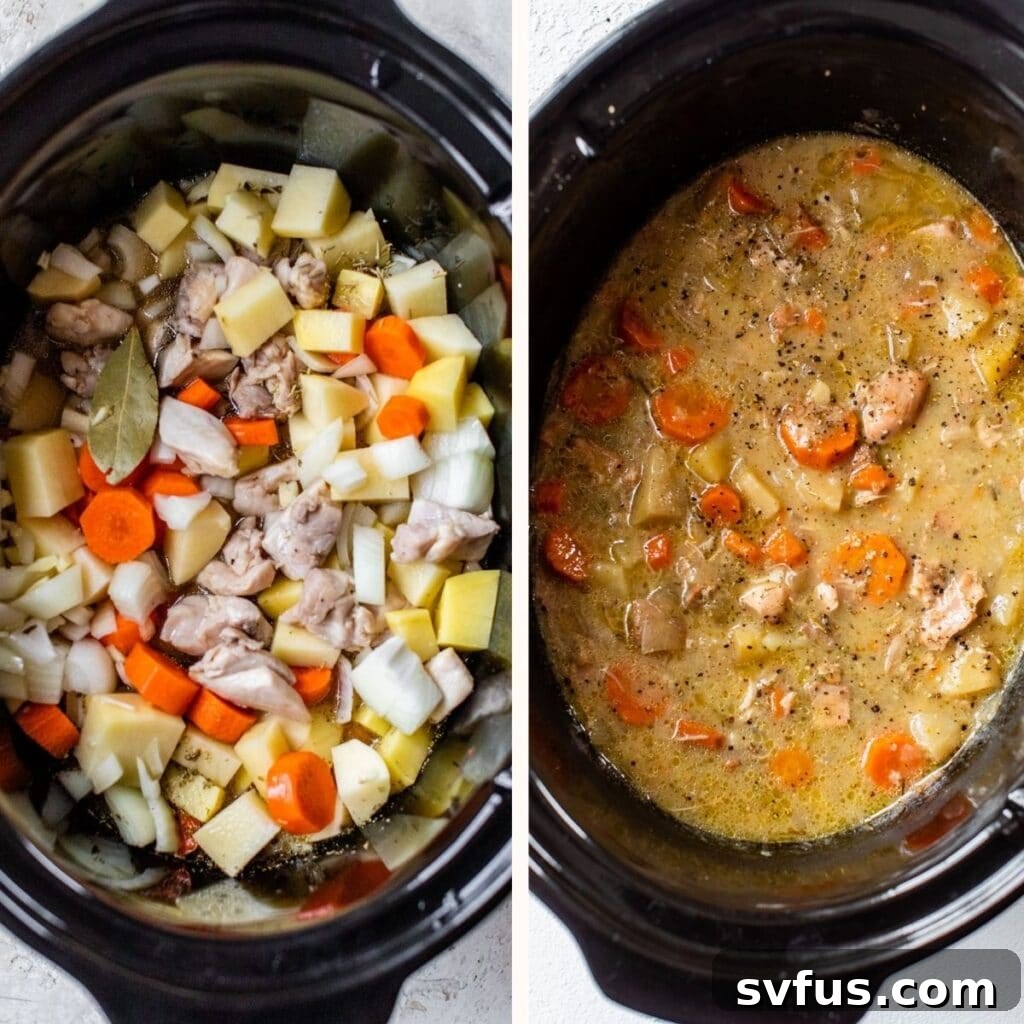 slow cooker filled with diced potatoes, carrots, chicken and onion on the left and with chicken broth and milk on the right