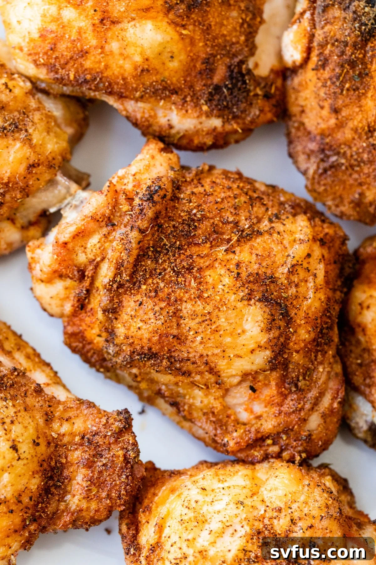 Perfectly seasoned bone-in, skin-on chicken thighs, baked until golden brown and crispy