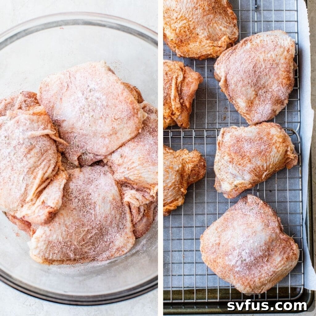 Raw chicken in a bowl on the left and seasoned chicken thighs arranged on a wire rack on the right