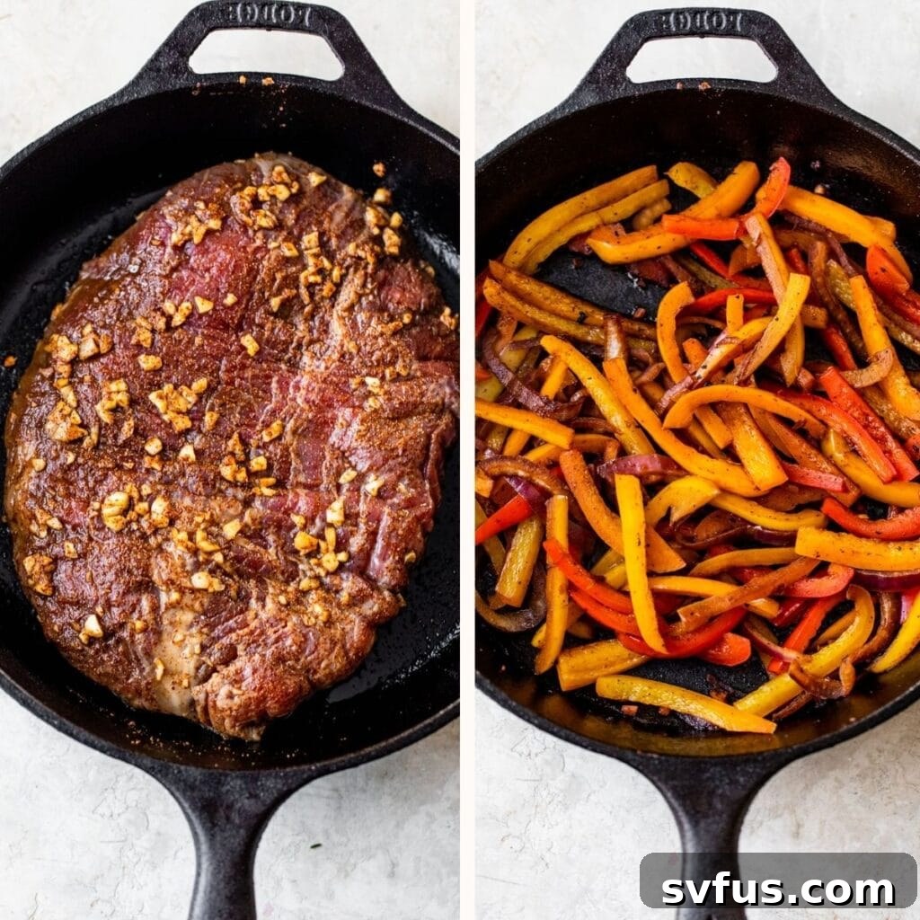 Two cast-iron skillets side-by-side: one holds a marinated flank steak searing to perfection, while the other contains vibrant, thinly sliced bell peppers and red onion sautéing until tender.