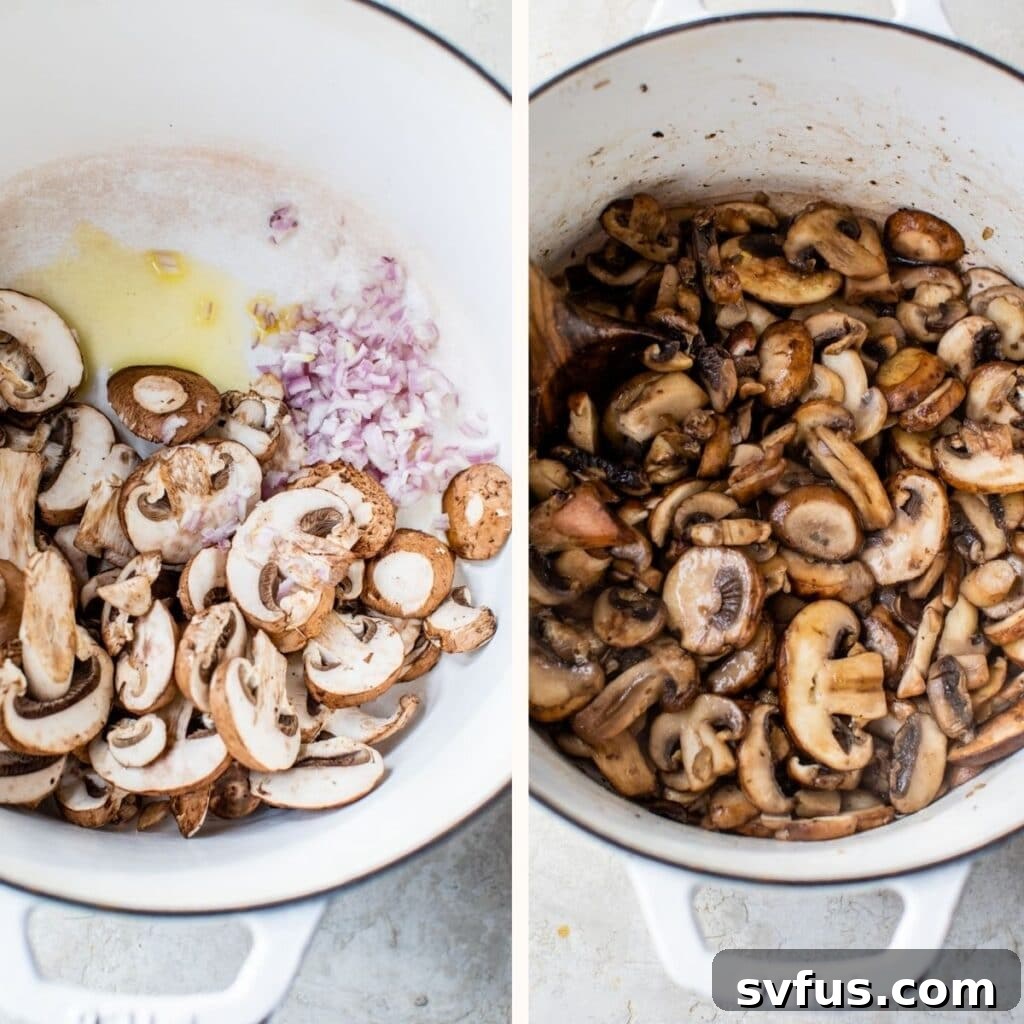 Two halves of a Dutch oven, one showing raw mushrooms and shallots, the other showing them sautéed to a golden brown.