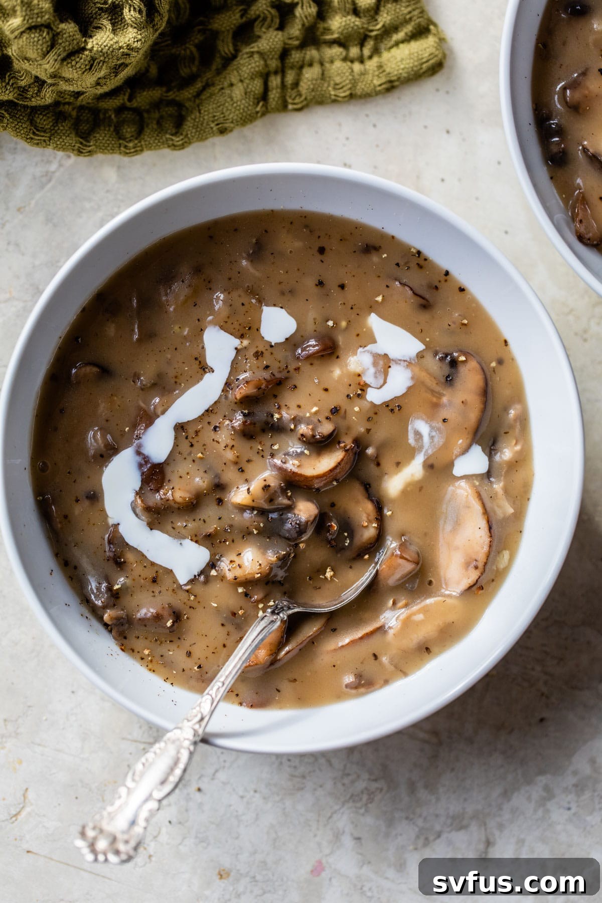 A close-up shot of creamy mushroom soup in a bowl, with a delicate swirl of dairy-free cream on top.