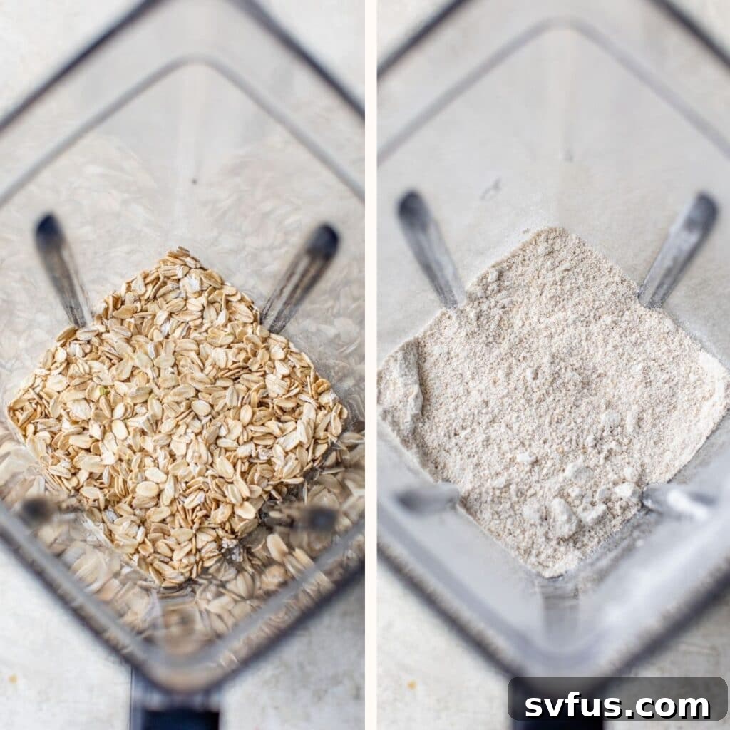 Two images side by side: on the left, whole rolled oats inside a blender; on the right, the same blender now containing finely ground oat flour.
