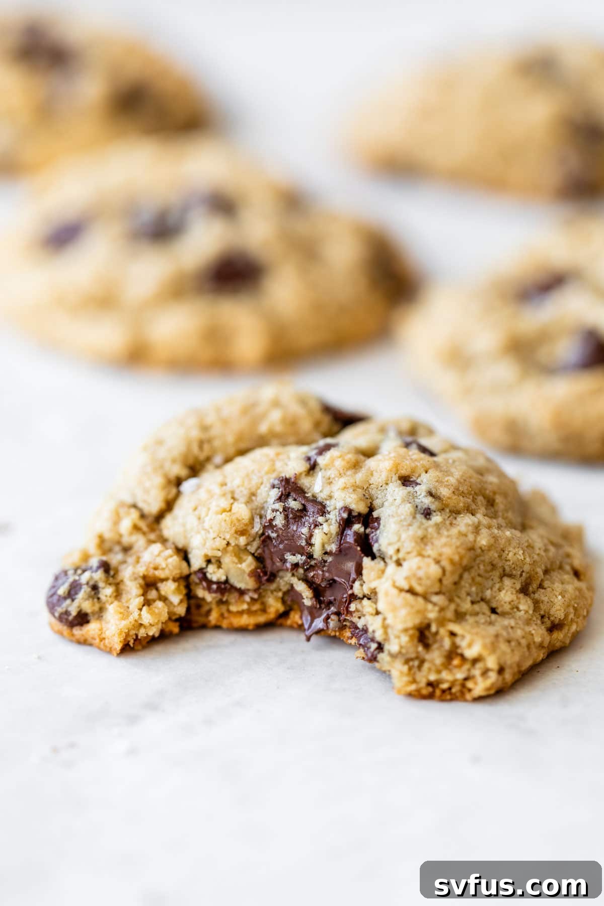 A close-up of an oat flour cookie with chocolate chips, showing a bite taken out to reveal its soft, chewy interior.