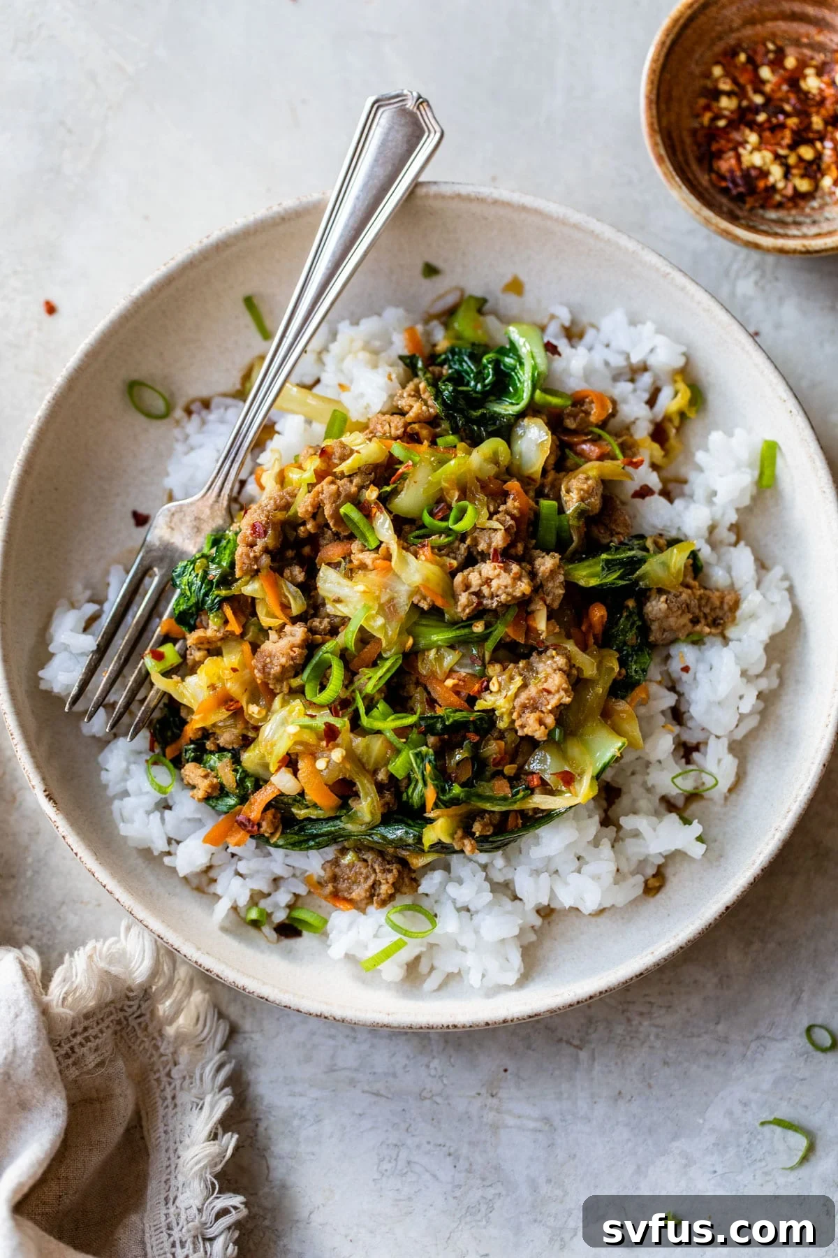 A perfectly portioned bowl of ground pork stir fry served over white rice, garnished with green onions and red pepper flakes, with a small dish of extra flakes nearby.