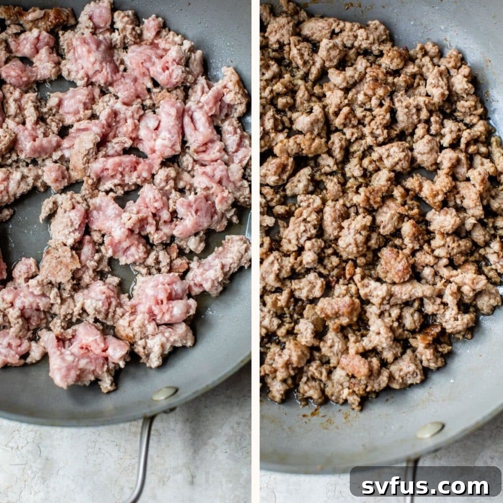 Two images side-by-side: raw ground pork in a skillet on the left, and perfectly browned, crispy ground pork on the right.