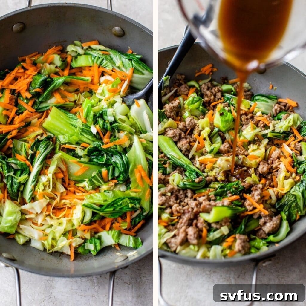 Two images side-by-side: colorful vegetables sautéing in a skillet on the left, and the ground pork and sauce added to the vegetables on the right, creating a complete stir fry.