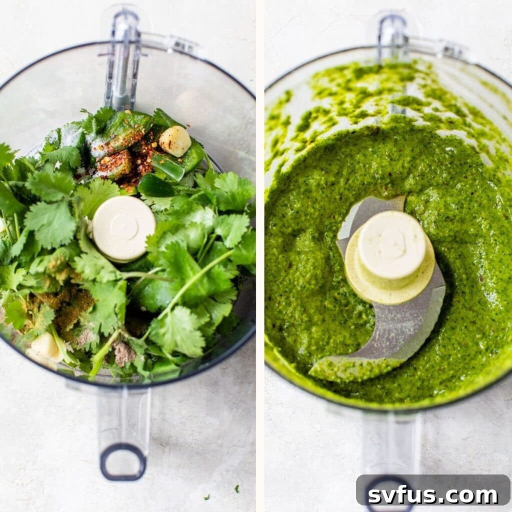 On the left, fresh cilantro and garlic sit in a food processor bowl; on the right, the same ingredients have been blended into a smooth, vibrant green sauce.