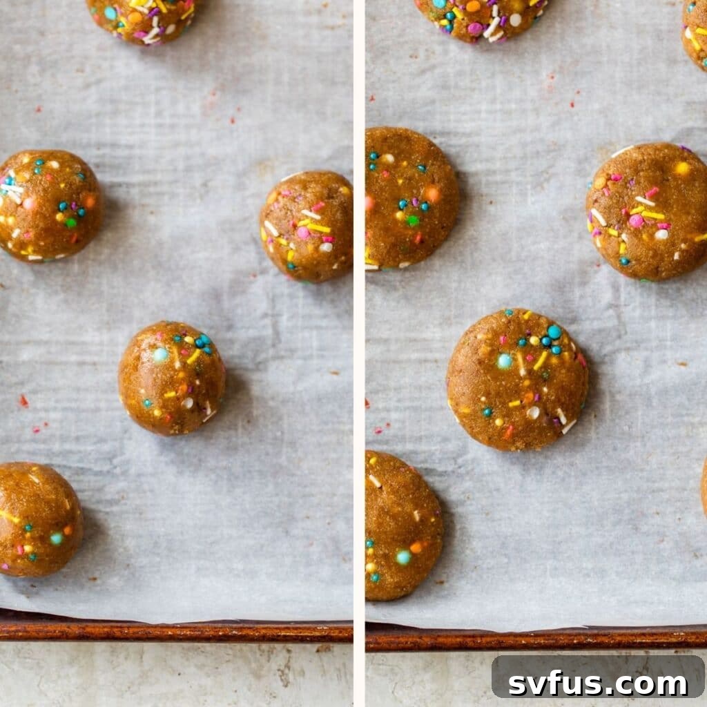 Unbaked birthday cake cookie dough balls flattened on a parchment-lined baking sheet, ready for the oven.