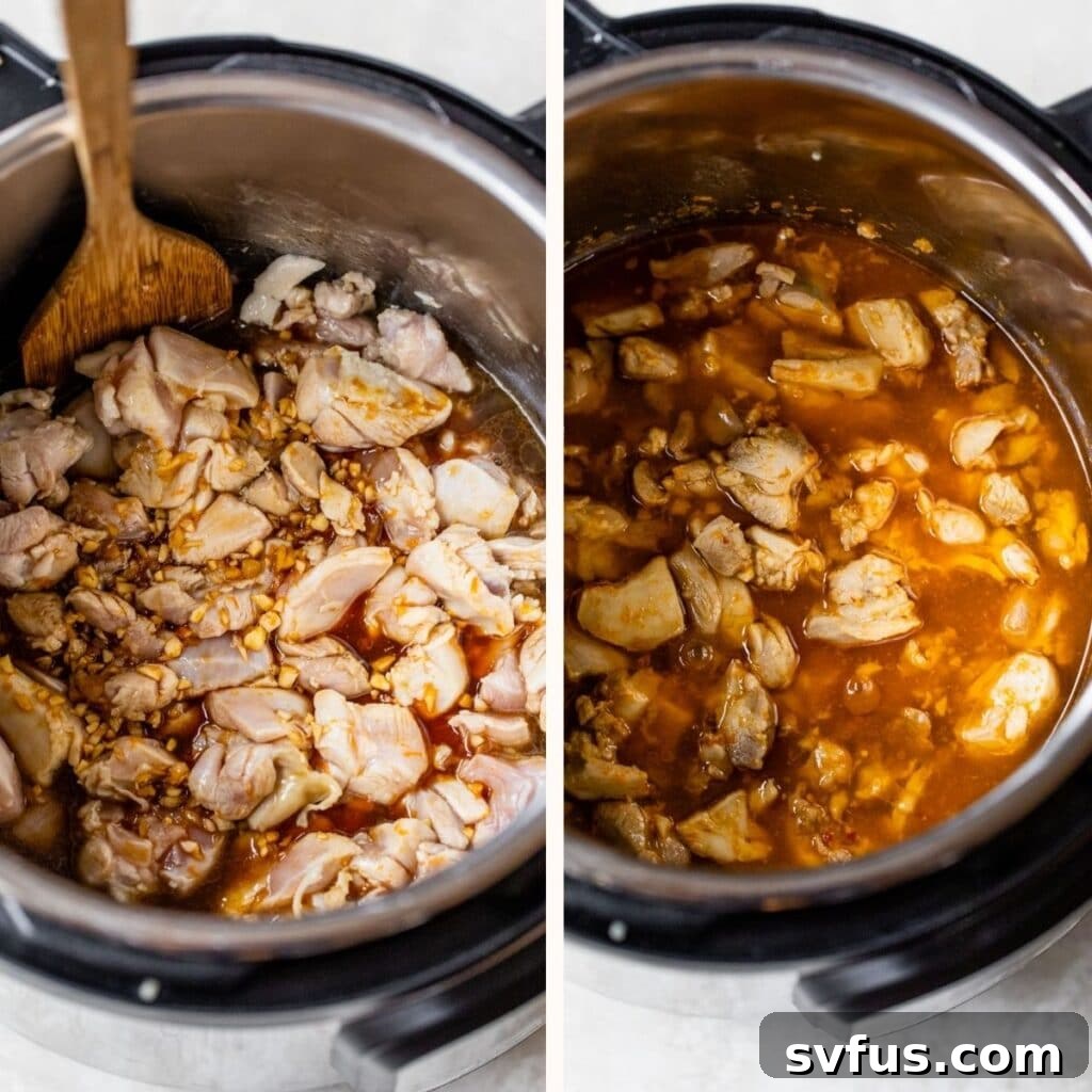 Pressure cooker containing chicken coated in a vibrant orange sauce, ready for the next cooking stage