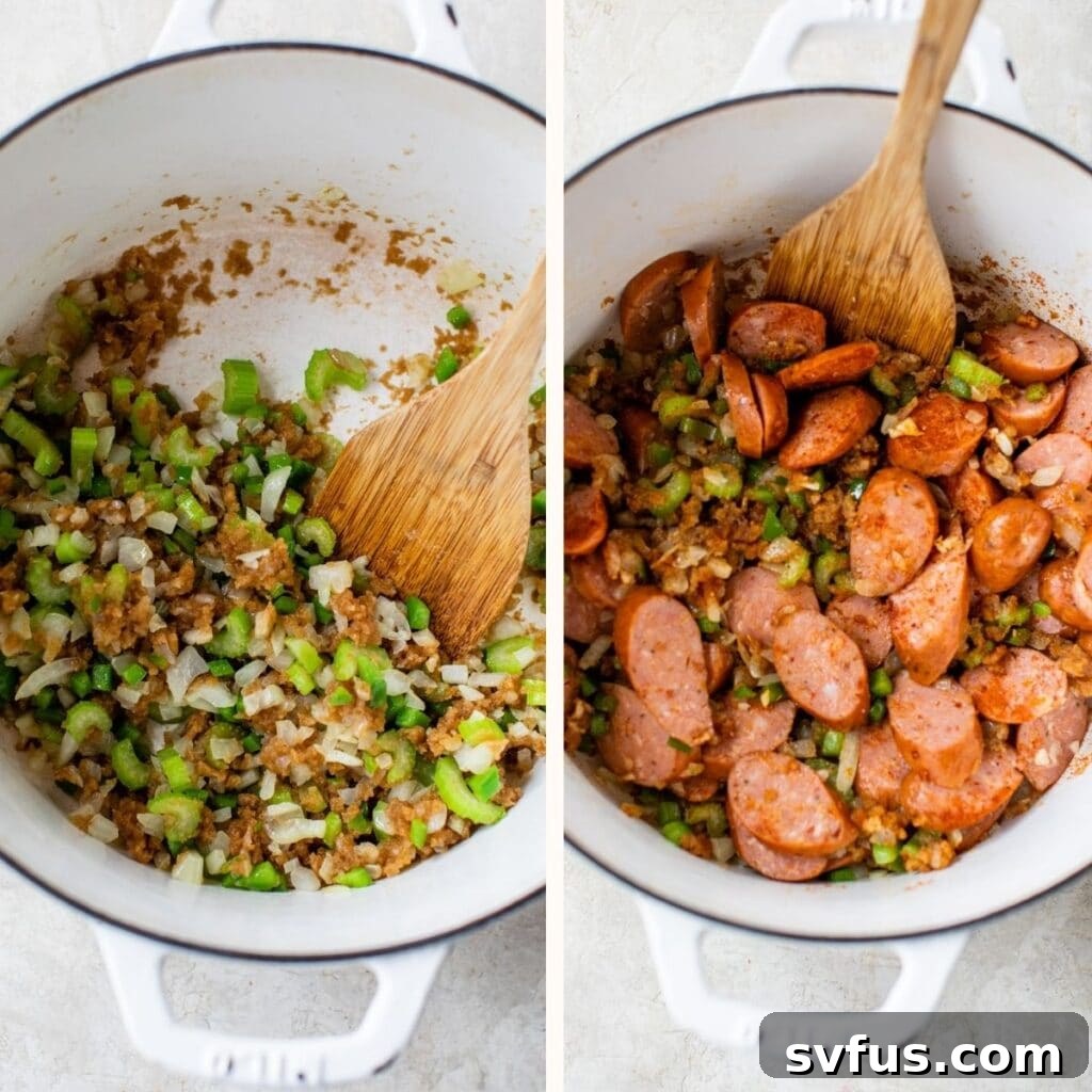 Celery, onion, and green bell pepper in a bowl, with a separate image showing them sautéed with sausage in a pot.