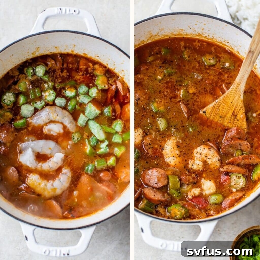 A pot showing raw shrimp and frozen okra on one side, and fully cooked shrimp and okra in the rich gumbo on the other.