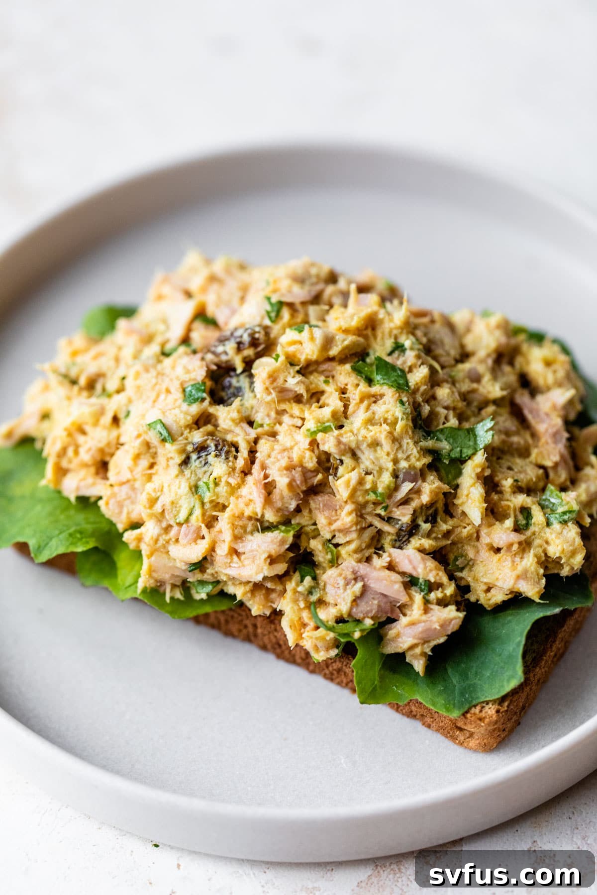A slice of whole wheat bread topped with fresh green lettuce and a generous scoop of healthy curried tuna salad, presented on a white plate.