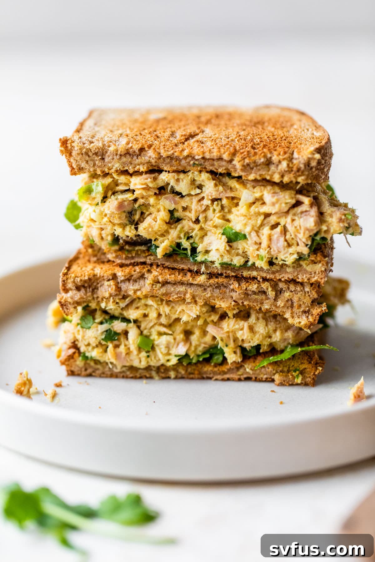 A perfectly assembled curried tuna salad sandwich on a plate, featuring hearty bread, fresh green lettuce, and the flavorful tuna mixture.