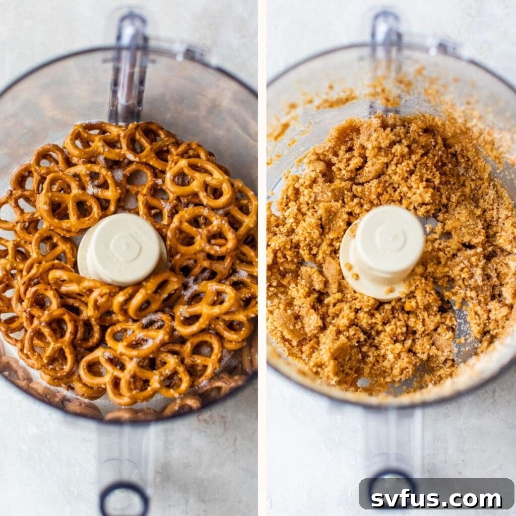 Crushed pretzels in a food processor on the left, and a bowl of finely crushed pretzels ready for the crust on the right.