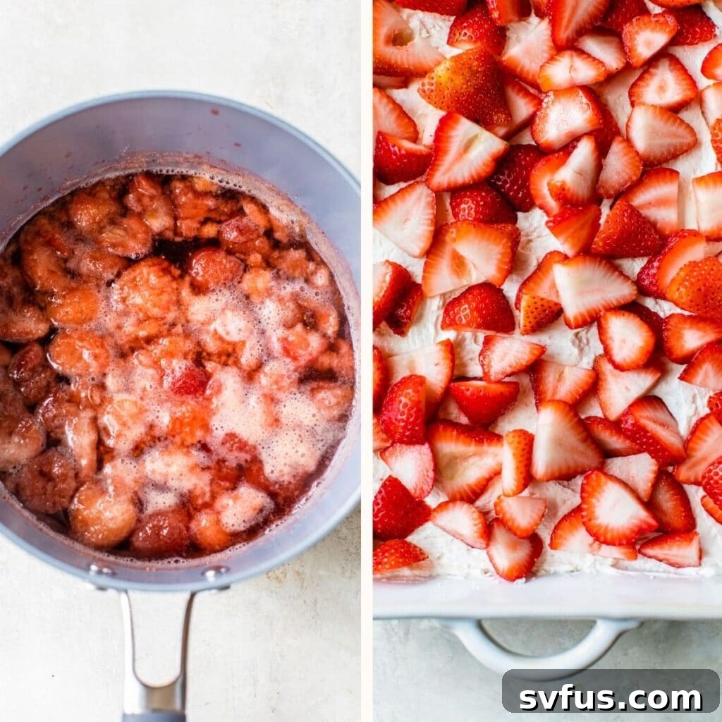 Dissolved strawberries simmering in a saucepan on the left, and a baking dish with the cream cheese layer topped with fresh sliced strawberries on the right.