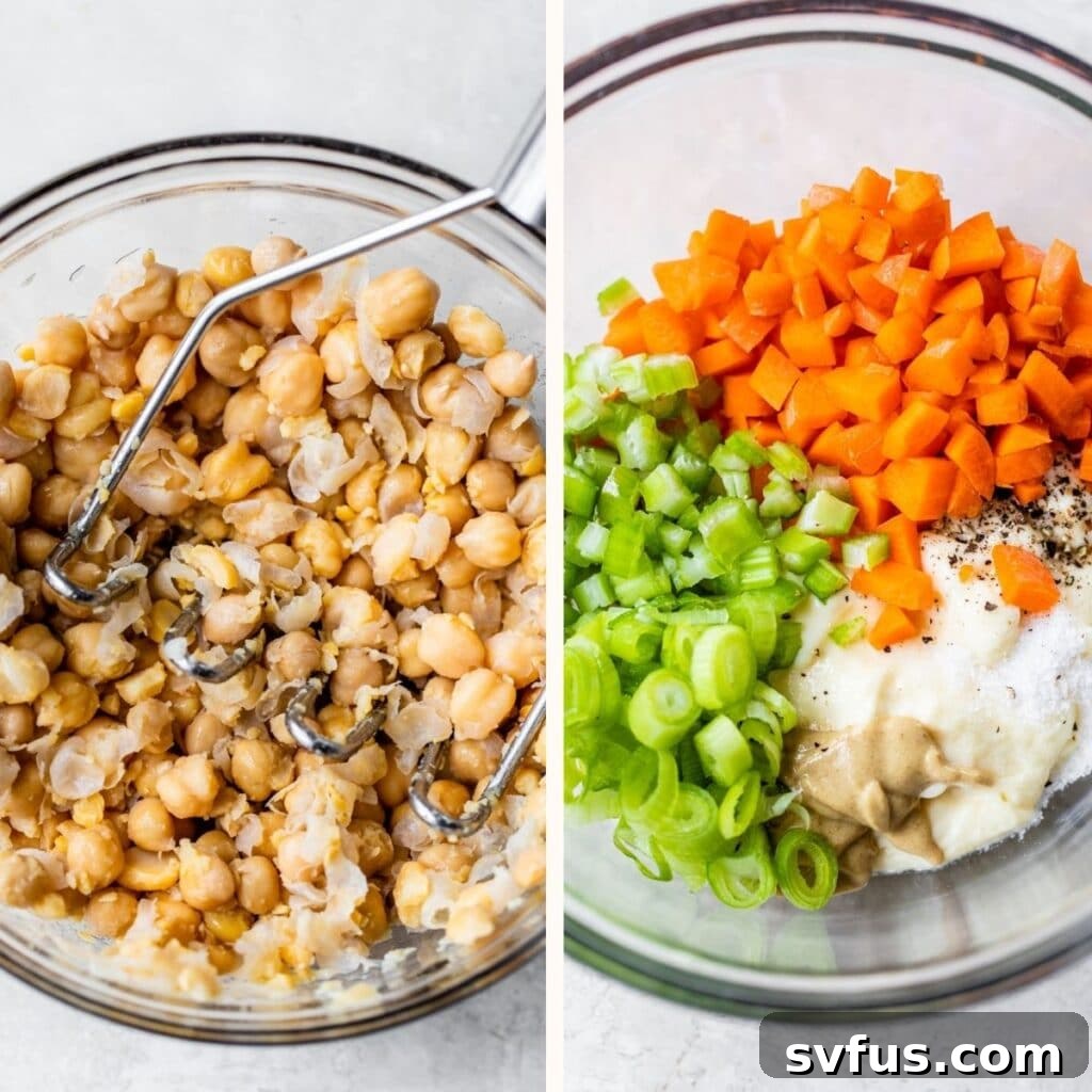 Left image shows chickpeas being mashed in a bowl; right image shows smashed chickpeas combined with carrots, celery, and green onion, ready for the next step.