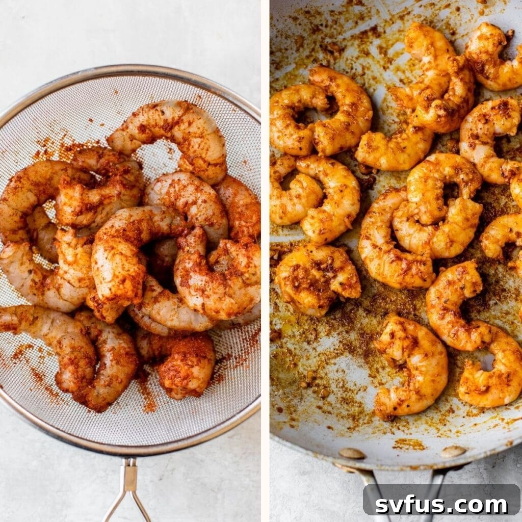 Two images: left shows shrimp marinating in a strainer, right shows cooked shrimp in a skillet.