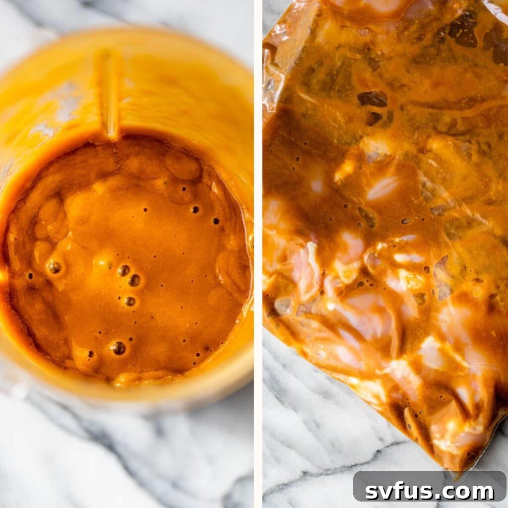 Mango marinade being blended in a blender on the left, and chicken marinating in the sauce in a bag on the right.