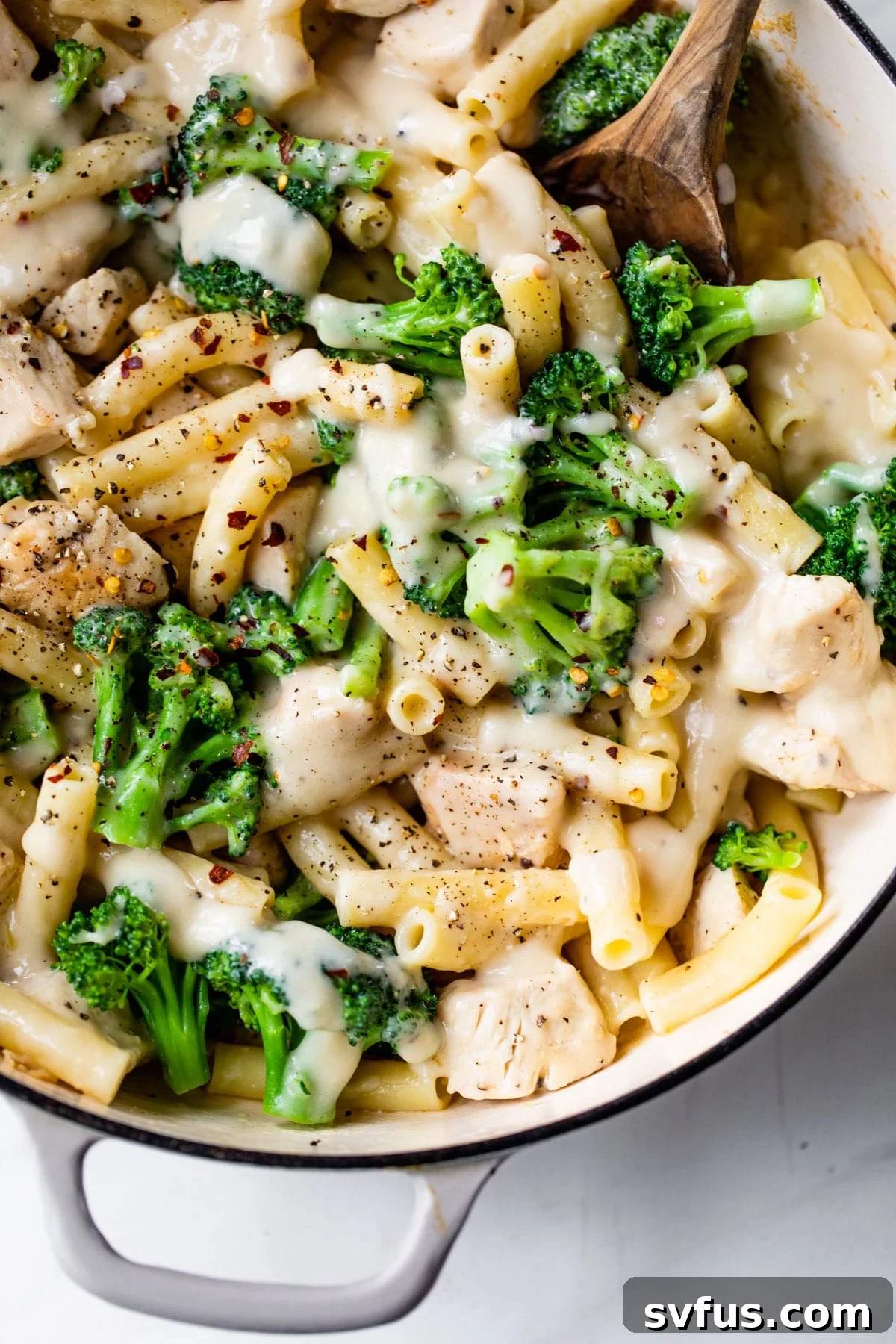 skillet filled with pasta, chicken, broccoli, and alfredo sauce