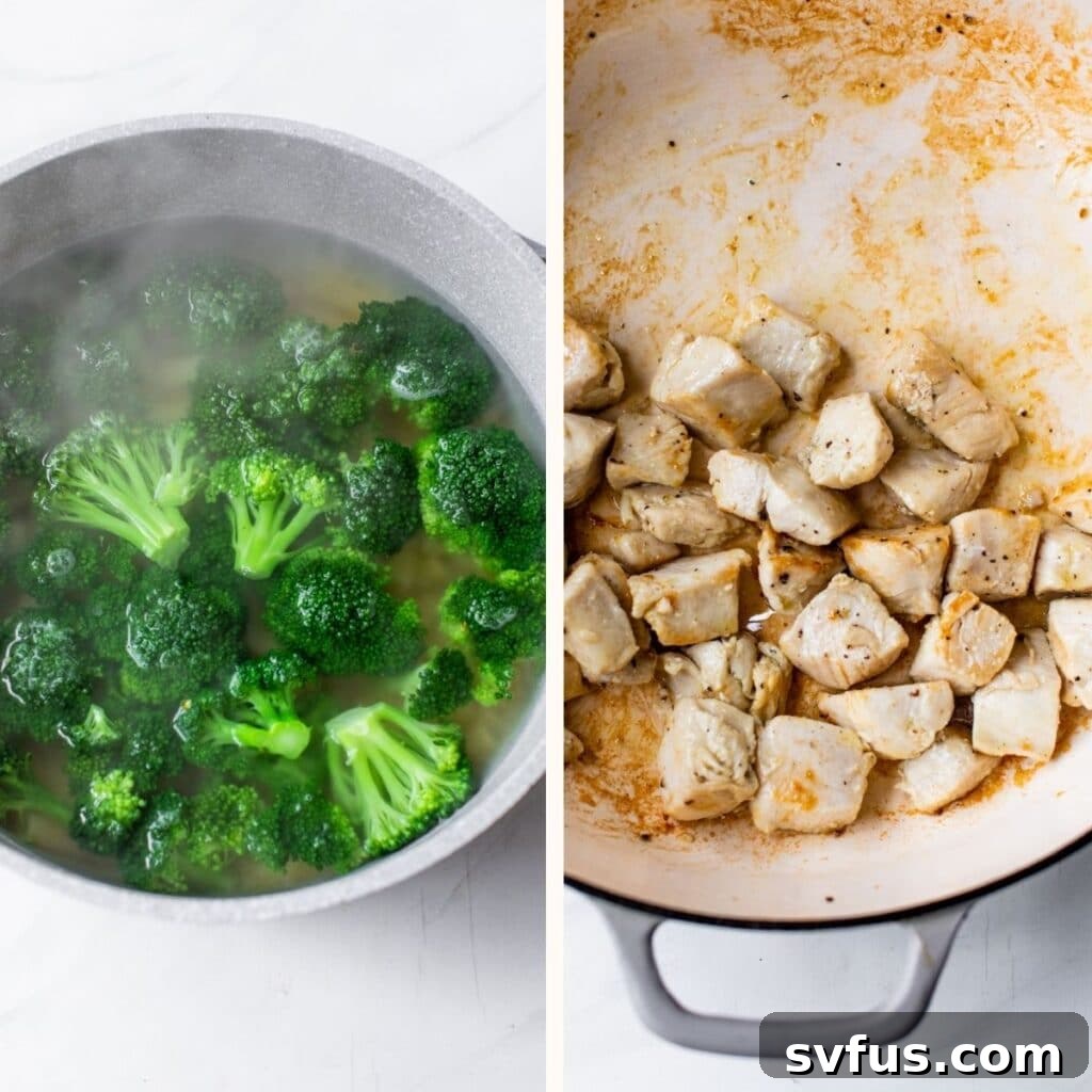 broccoli in a saucepan on the left and cooked cubed chicken in a skillet on the right