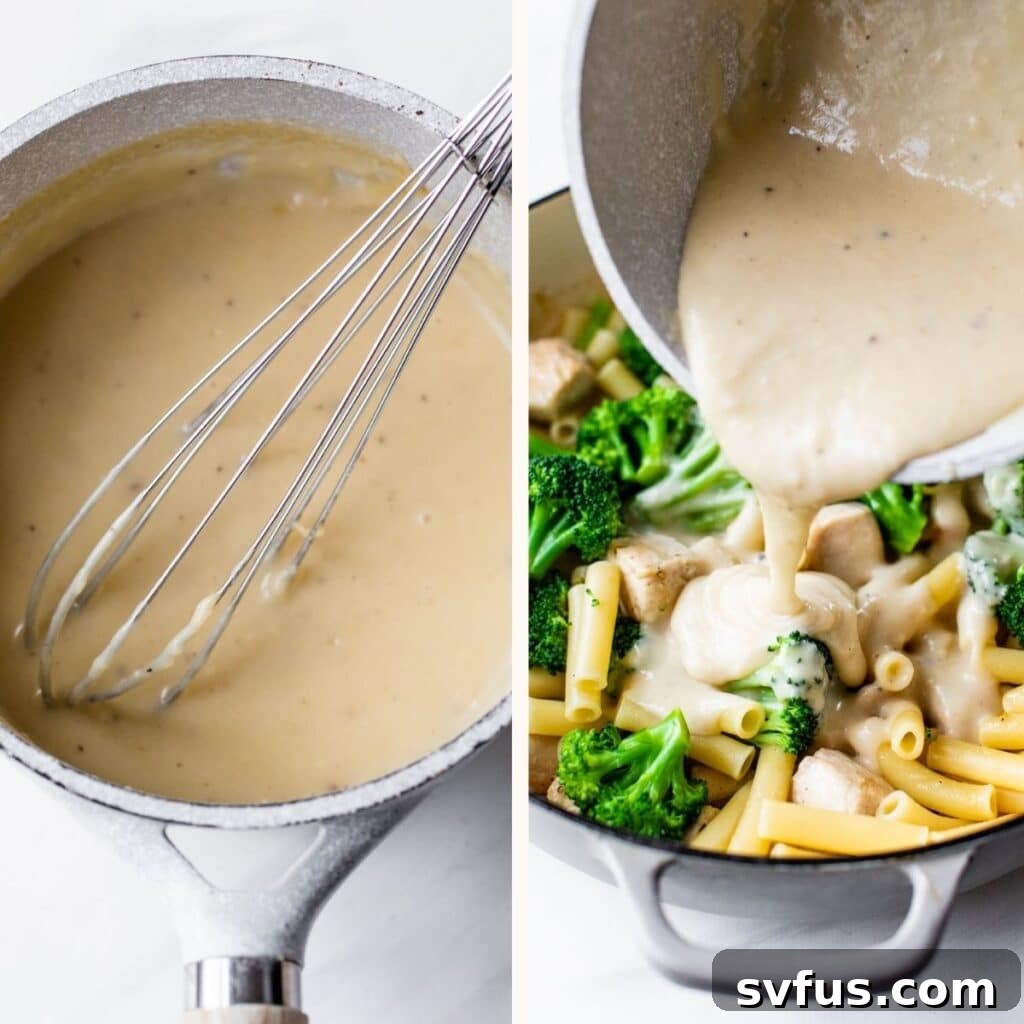 alfredo sauce in a saucepan on the left and someone pouring it over pasta on the right