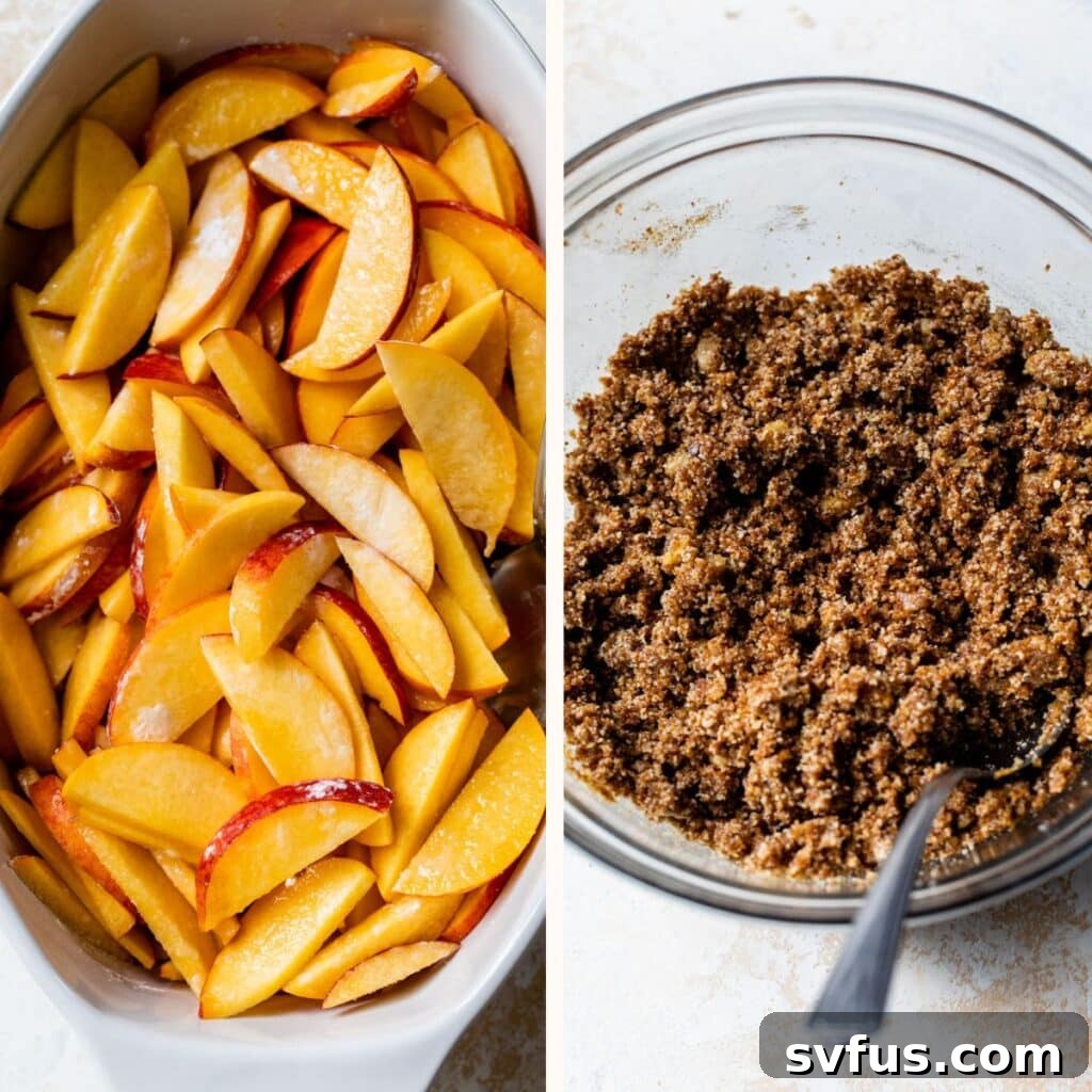 On the left, sliced peaches mixed with sugar and starch in a baking dish. On the right, a bowl of almond flour, brown sugar, and cinnamon for the topping.