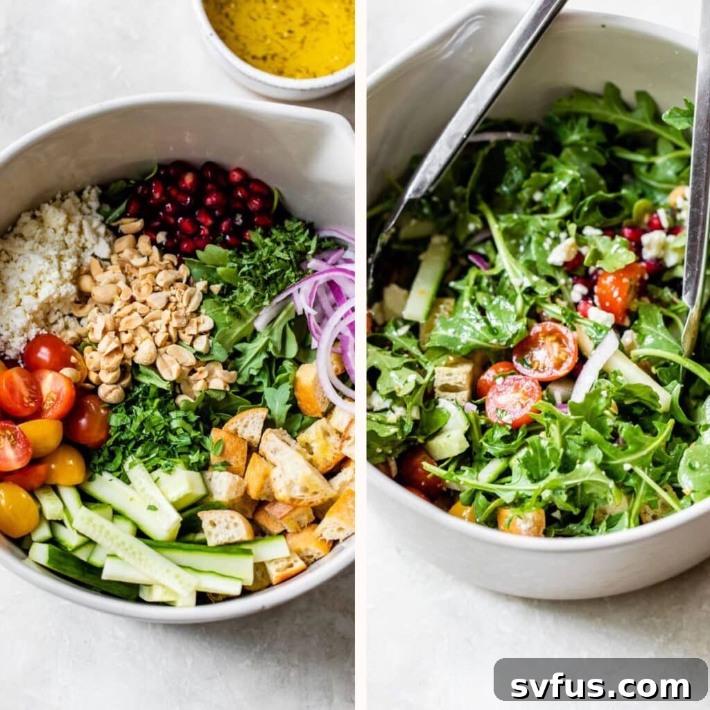 A two-part image showing salad ingredients in a bowl on the left and the same ingredients expertly mixed with kitchen tongs on the right.