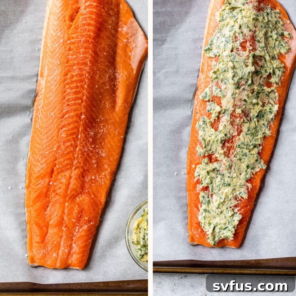 raw salmon fillet on a baking sheet on the left and covered in herb butter on the right