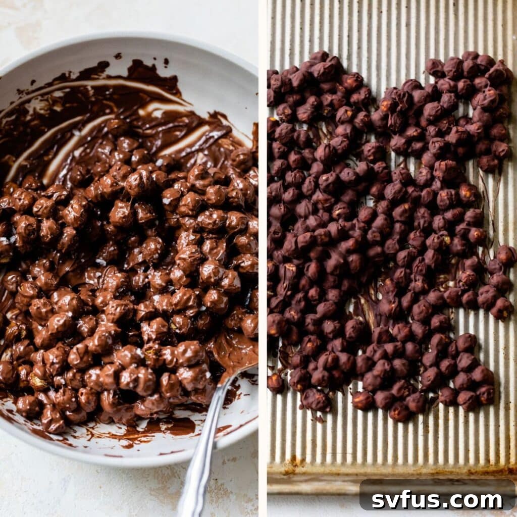 chocolate coated chickpeas in a bowl on the left and spread on a baking sheet on the right, with sea salt sprinkled