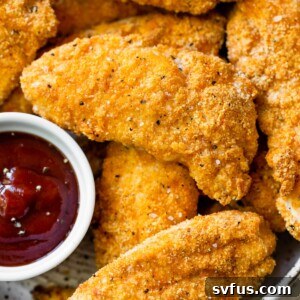 Close up of breaded chicken tenders in a bowl beside a bowl of ketchup