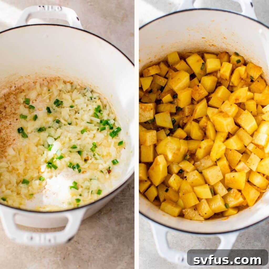 cooked onion and jalapeño in a pot on the left and with diced potatoes on the right