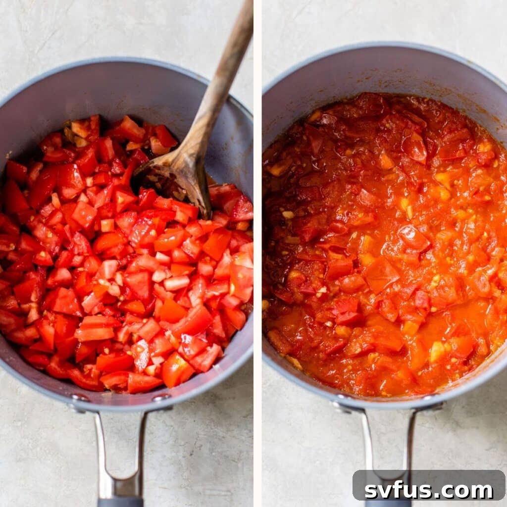 A two-part image showing diced fresh tomatoes in a saucepan on the left, and the same tomato mixture simmering down and thickening on the right.