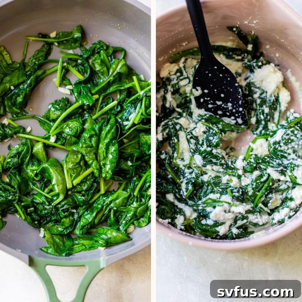 On the left, wilted spinach and garlic in a skillet. On the right, a bowl containing creamy ricotta mixed with sautéed spinach and garlic.