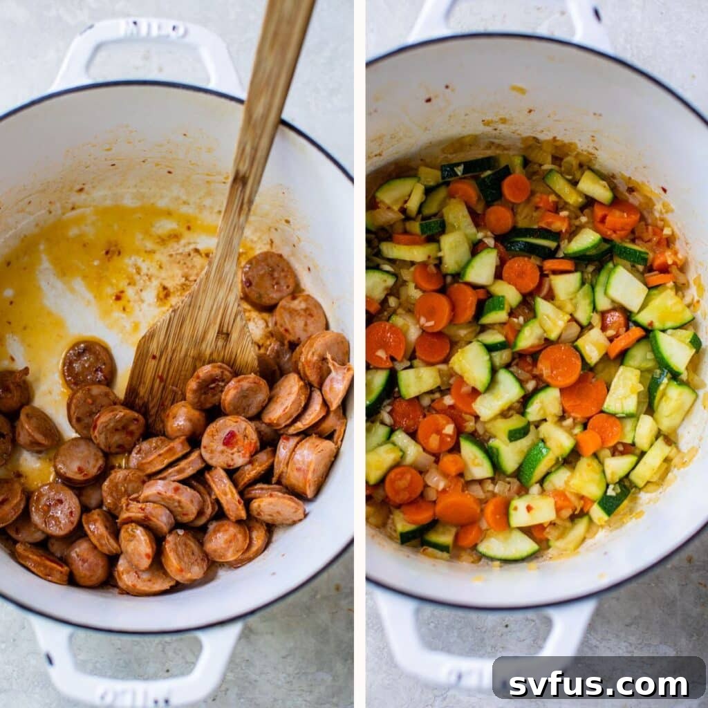 Two separate images: one shows cooked, golden-brown chicken sausage rounds in a pot; the other displays sautéed carrots, zucchini, and onion, highlighting the preparation stages.