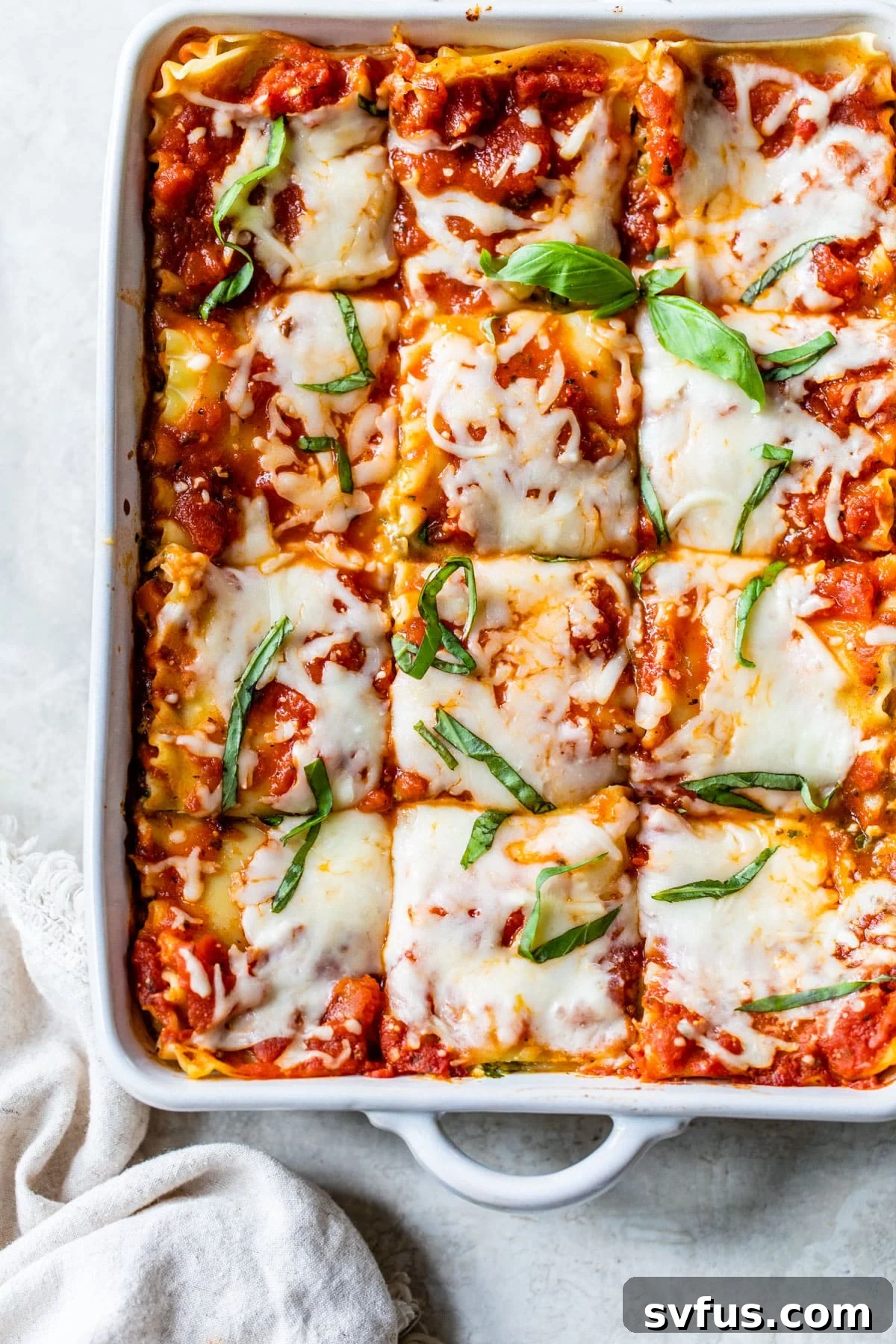 A baking dish filled with golden-brown, bubbly lasagna, freshly baked and sliced into generous portions, ready to be served.