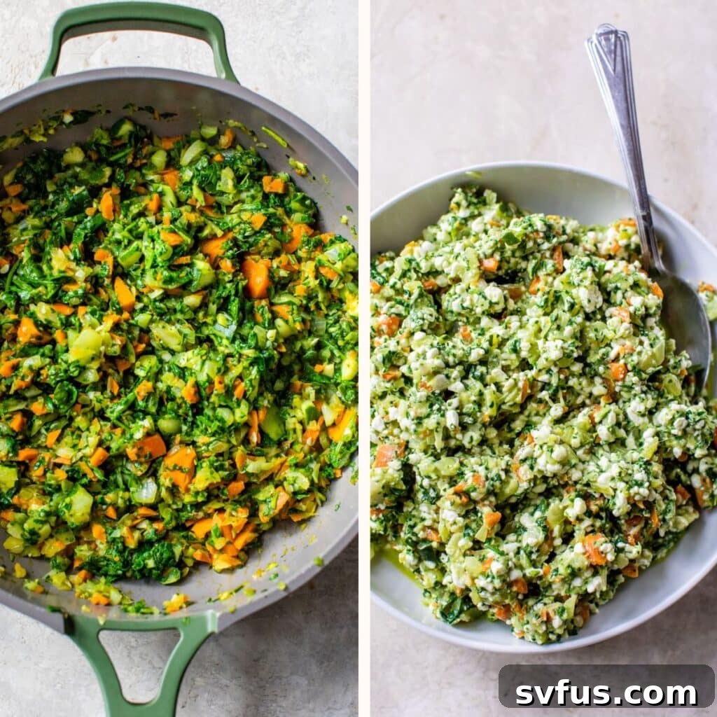 On the left, vibrant, cooked vegetables simmer in a skillet. On the right, the same vegetables are mixed with creamy cottage cheese in a large bowl, forming the delicious lasagna filling.