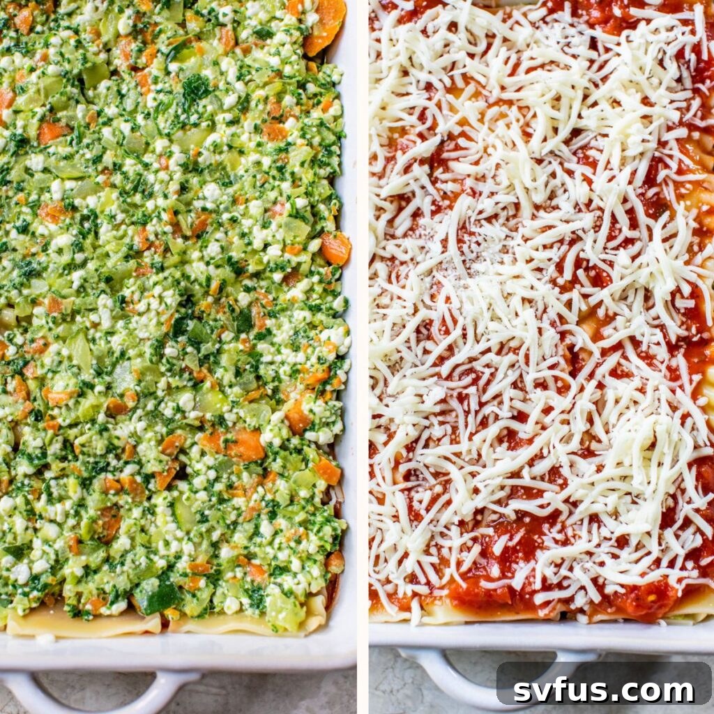 On the left, a lasagna layer is generously topped with the creamy cottage cheese and vegetable mixture. On the right, the next layer is added with savory pasta sauce and a sprinkle of shredded mozzarella, building towards a perfect lasagna.