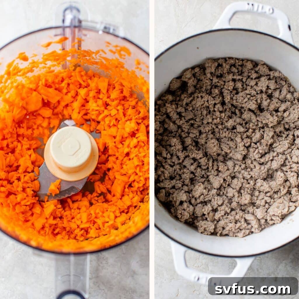 Left: Carrots and sweet potato in a food processor. Right: Cooked ground meat in a pot. Illustrates food preparation steps.