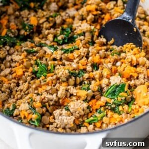 Cooked meat and vegetables in a large white Dutch oven, showcasing the finished homemade dog food.