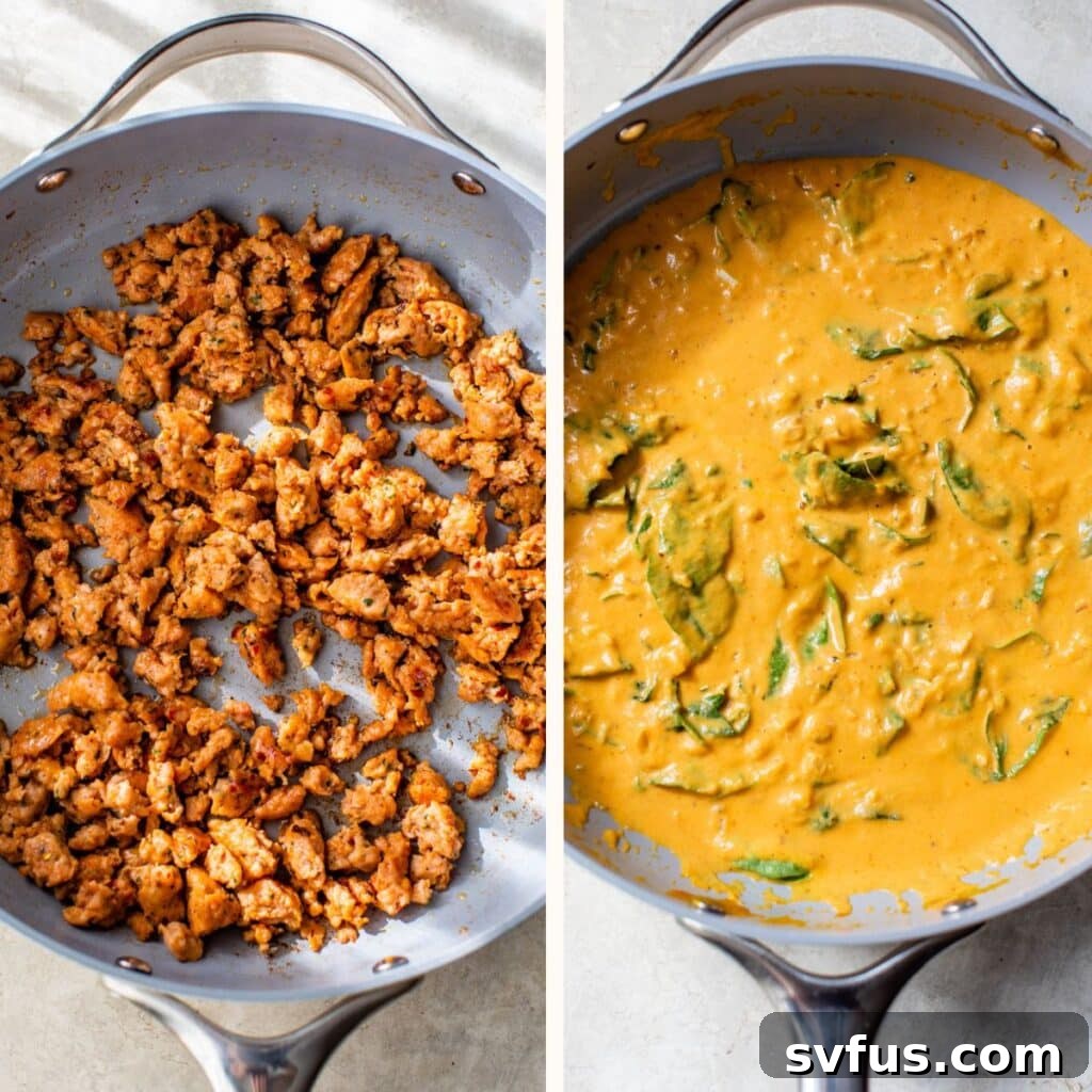 cooked sausage in a skillet on the left and a creamy pumpkin sausage in a skillet on the right