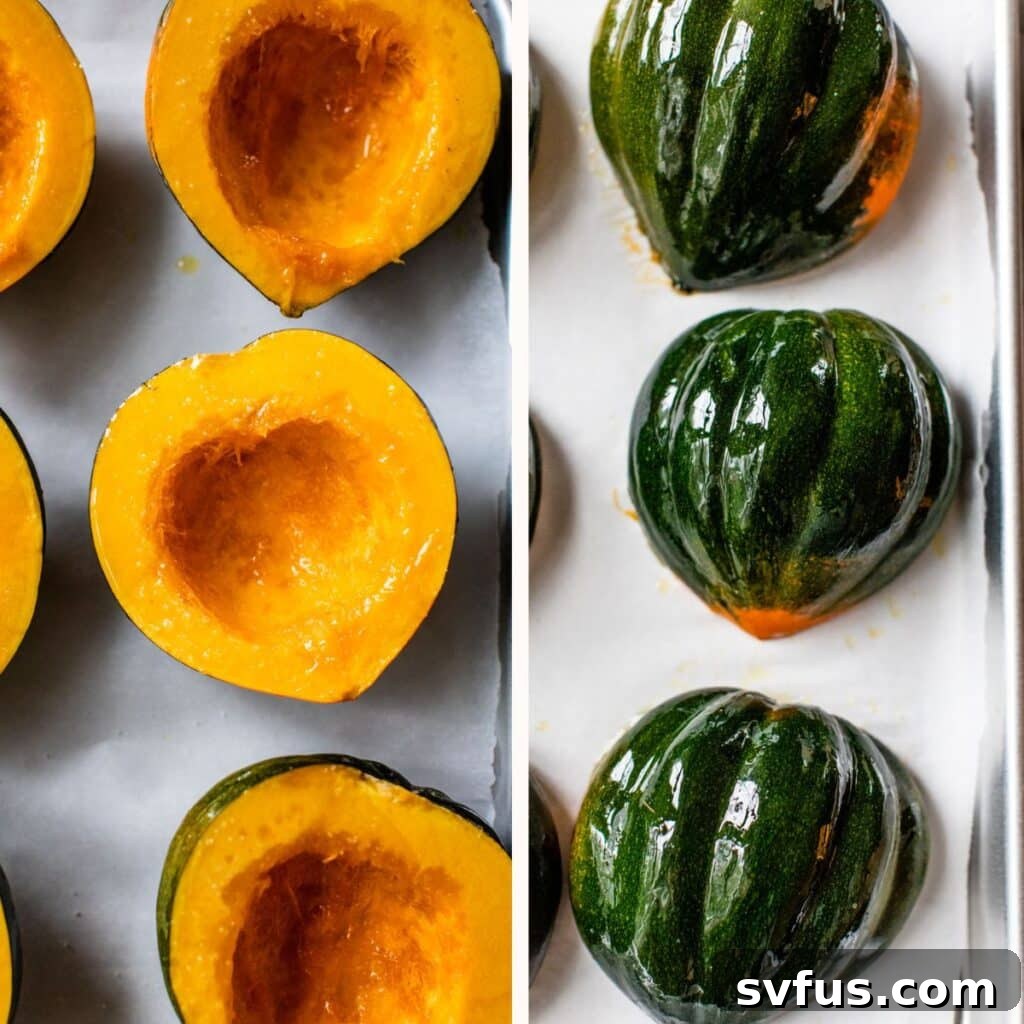 Two acorn squash halves, brushed with olive oil, resting cut-side down on a parchment-lined baking sheet, ready for roasting.