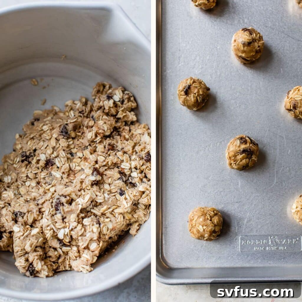 A side-by-side comparison showing prepared vegan cookie dough in a mixing bowl on the left, and neatly rolled balls of the same cookie dough spaced on a baking sheet on the right.