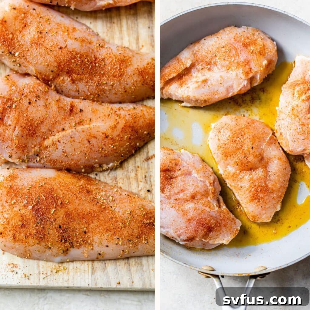 Left: Raw chicken breasts seasoned on a cutting board. Right: Sizzling chicken breasts in a hot skillet with olive oil.
